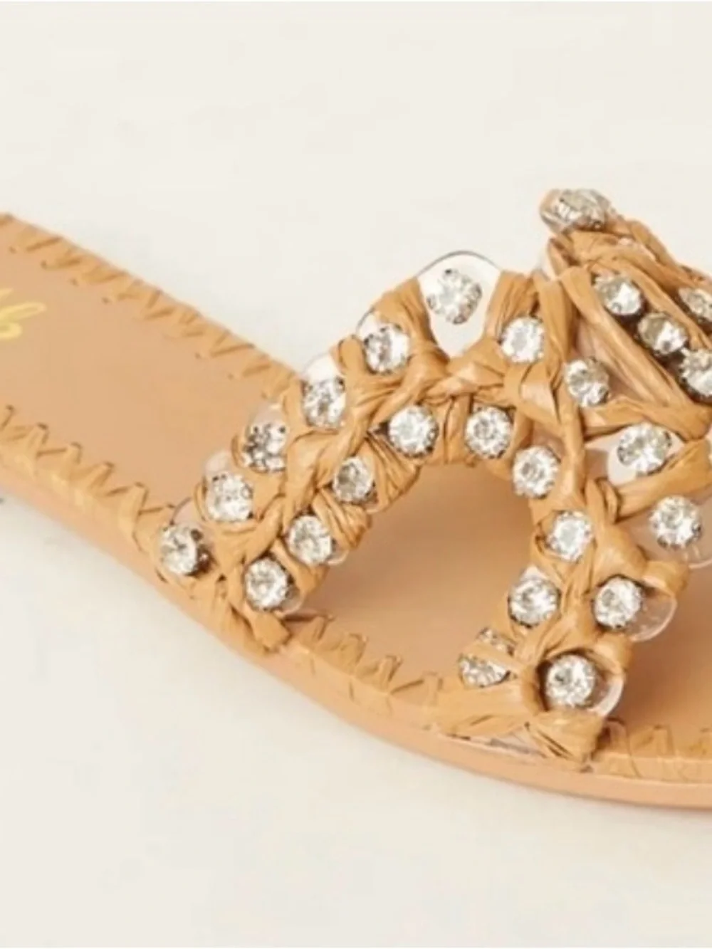 Raffia Braided Slide Sandal with Crystal Accents — Beige